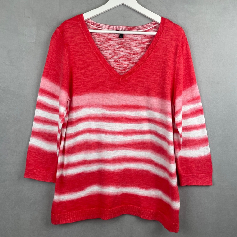 Talbots Red White Ombre Striped V-Neck Linen Sweater 3/4 Sleeve Coastal Preppy L